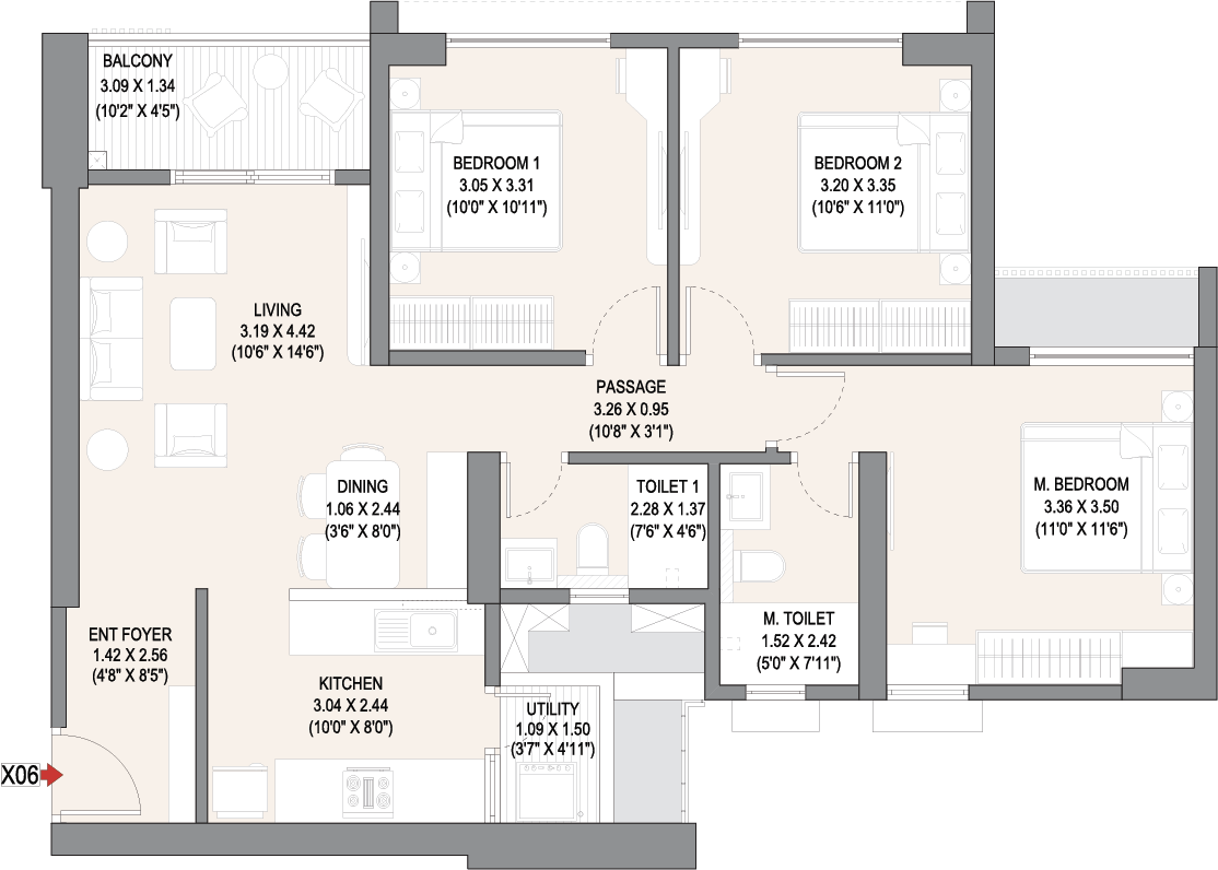3 BHK Elite Floor Plan